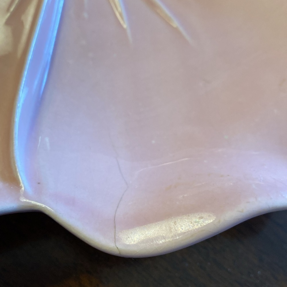 VINTAGE pink floral ceramic serving dish with brass ring handle. Made in USA. - Picture 8 of 11